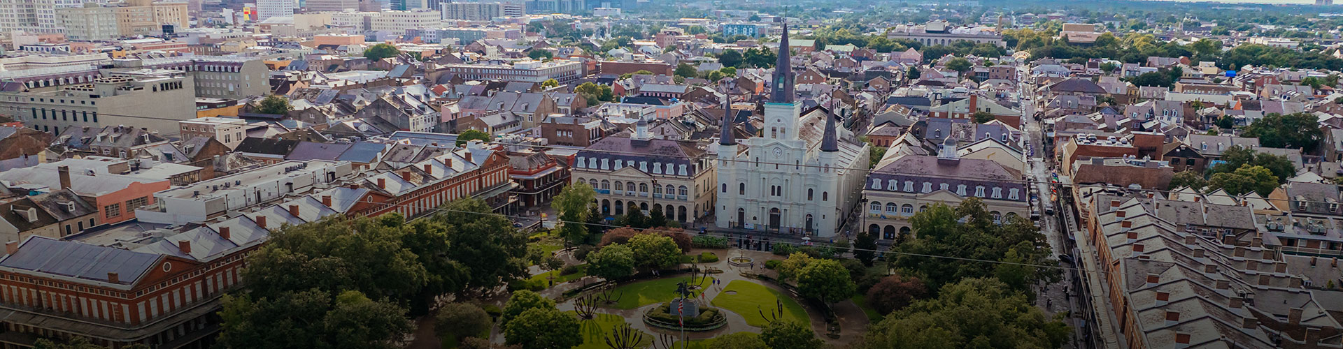 Aerial View of New Orleans, Louisiana, USA on the Mississippi River in Summer.