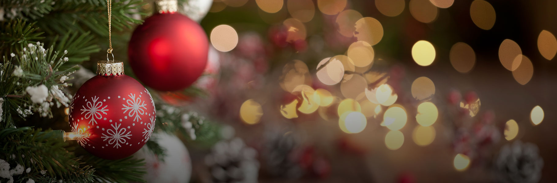 Holiday tree decorations and lights in soft focus