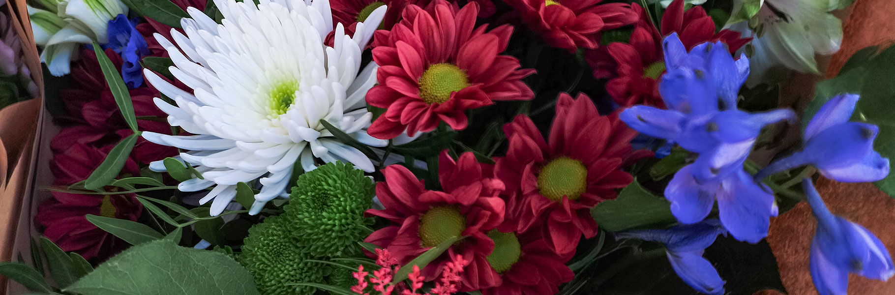 red, white, and blue flower arrangement close up