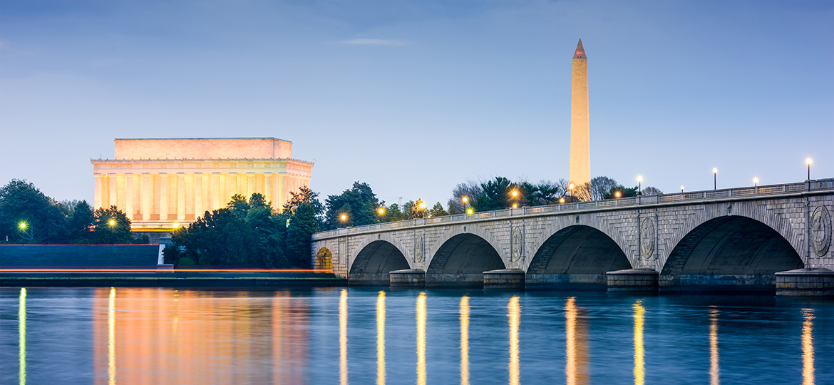 Lincoln Memorial and Washington Monuments at dusk, Washington DC