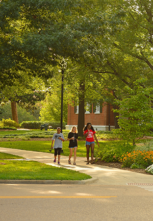 Students walking across campus