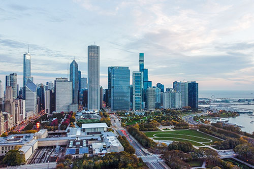 View of Downtown chicago and lake michigan in early morning