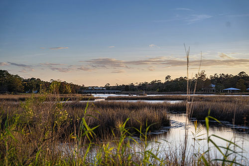 An aerial view of a seaport during sunset in Moss Point, Mississippi, USA