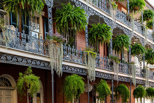 View of iron railings on balconies in the French Quarter of New Orleans, LA