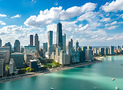 Chicago skyline aerial drone view from above, lake Michigan and city of Chicago downtown skyscrapers cityscape, Illinois, USA