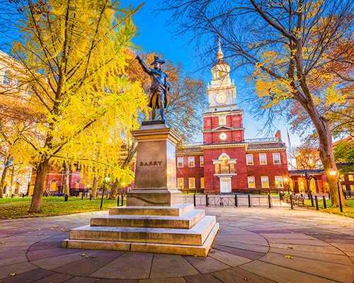 Philadelphia, Pennsylvania, USA at historic Independence Hall during autumn season.