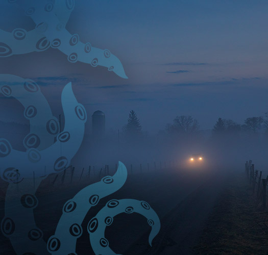eerie image of car in fog and tentacle illustration