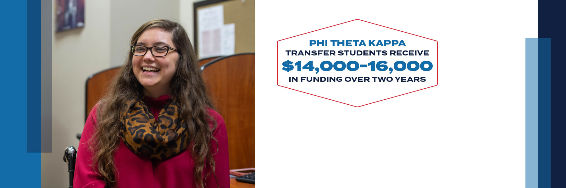 Photo of student Shelby Cissom with badge graphic which reads: Phi Beta Kappa transfer students receive $14,000 to $16,000 in funding over two years.